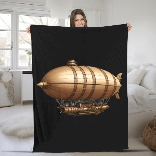 A large steampunk-style airship with bronze metal Fleece Blankets