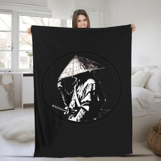 Samurai with Umbrella Ink Illustration Fleece Blankets