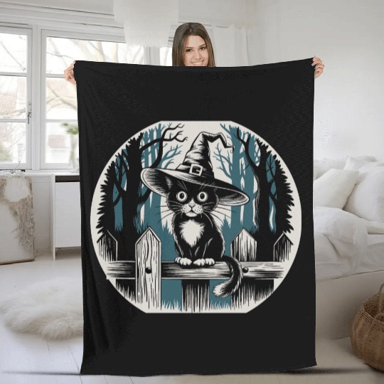 Cute Witch Cat Sitting On Fence In The Forest Fleece Blankets