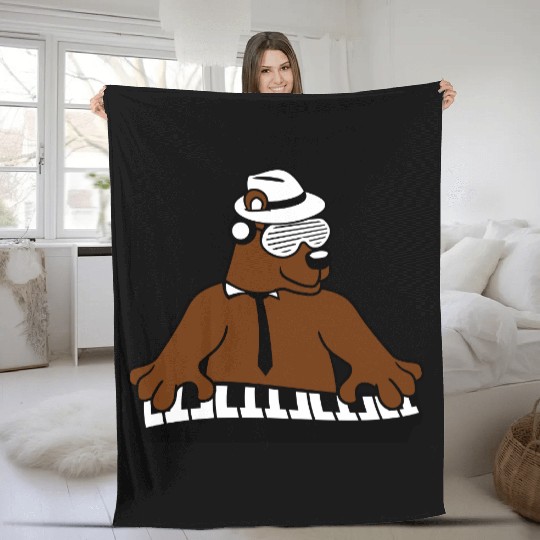 Grizzly Brown Bear Playing Keyboard Piano Music Fleece Blankets