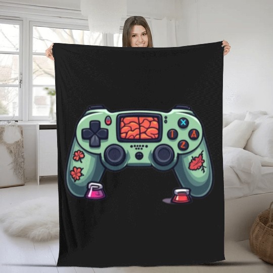 Zombie Brain-Themed Green Controller Fleece Blankets