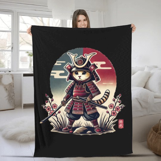 Samurai Cat: Vintage Ukiyo-e Warrior Art Fleece Blankets