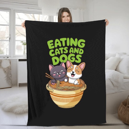 funny Cat and Dog in Ramen political Fleece Blankets