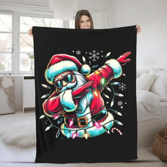 Dabbing Santa with Christmas Lights and Snowflakes Fleece Blankets