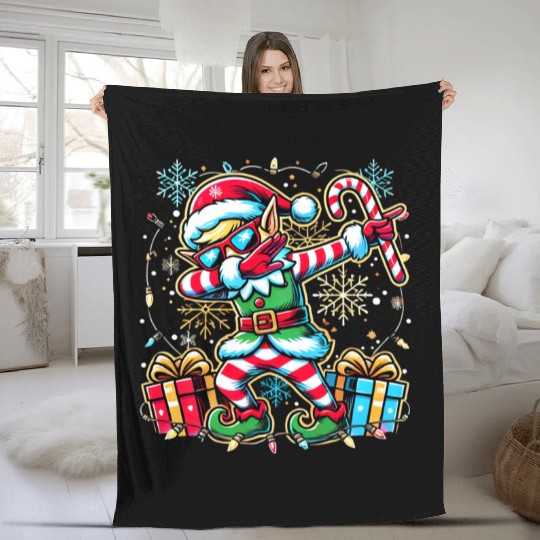 Dabbing Elf with Candy Cane and Presents Fleece Blankets