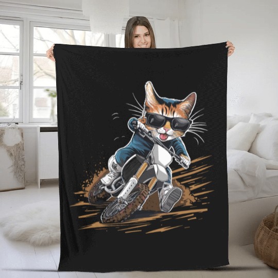 Cat Wearing Sunglasses Riding Dirt Bike Fleece Blankets