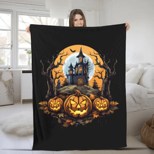 Spooky Haunted House Halloween Witches Pumpkin Fleece Blankets