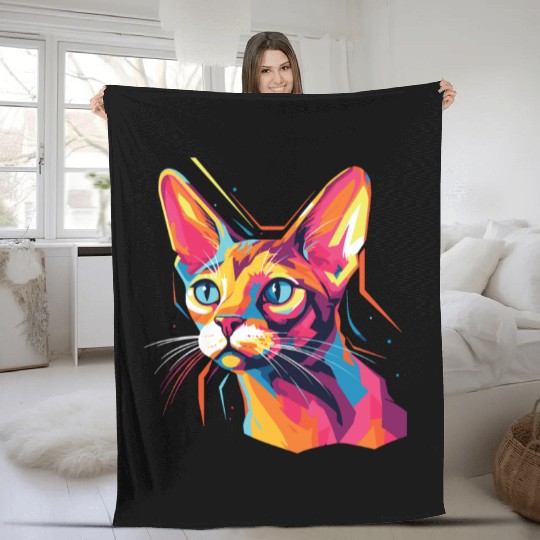 Cat Watercolor Colorful Abyssinian Cat Fleece Blankets