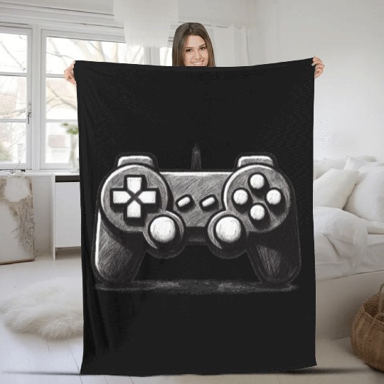 Gamer Controller Cartoon Charcoal Gaming Art 1 Fleece Blankets
