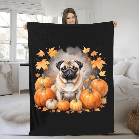 Pug Pumpkin Thanksgiving Fall Halloween Dog Lover Fleece Blankets