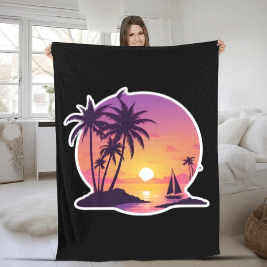 Palm Trees at Sunset Beach Fleece Blankets