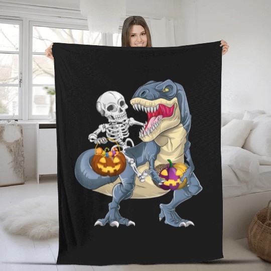 Skeleton Riding Dinosaur T rex Halloween Pumpkin Fleece Blankets