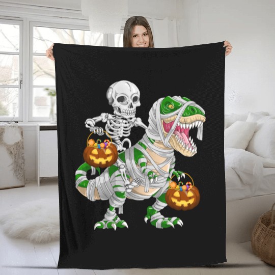 Skeleton Riding Mummy Dinosaur T rex Halloween Fleece Blankets