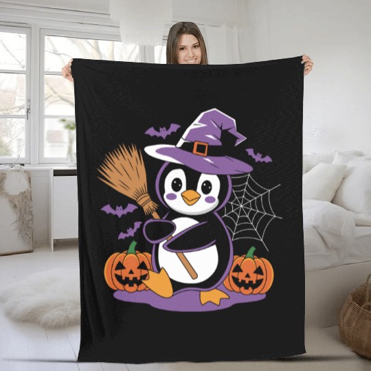 Cute Penguin Halloween Witch with Pumpkins and Fleece Blankets