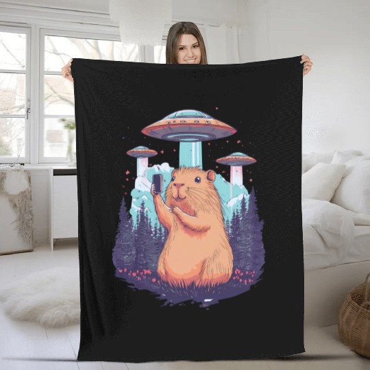 Funny Graphic Fleece Blankets Capybara Selfie With Ufos Weird