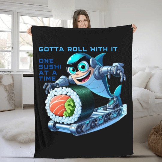 funny shark cyborg cyberpunk rolling sushi Fleece Blankets