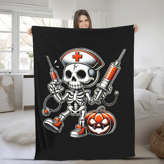 Skeleton Nurse with Medical Syringes Halloween Fleece Blankets