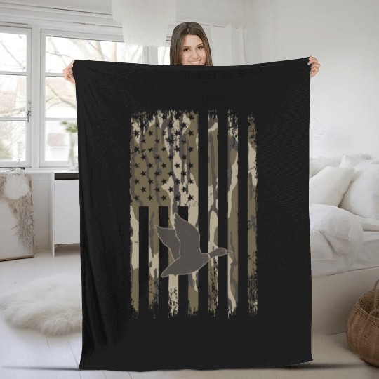 Bottomland Camo Duck Hunting American Flag USA Fleece Blankets