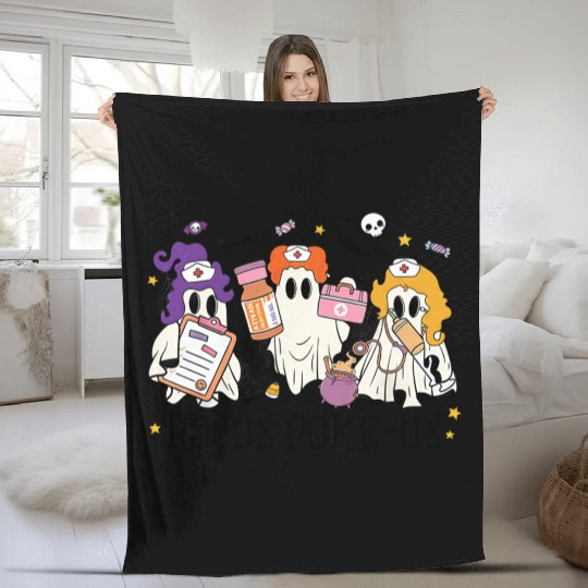 Hocus Poke Us Funny Ghost Vintage Halloween Fleece Blankets