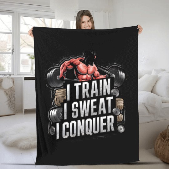 Fitness design: I TRAIN I SWEAT I CONQUER Fleece Blankets