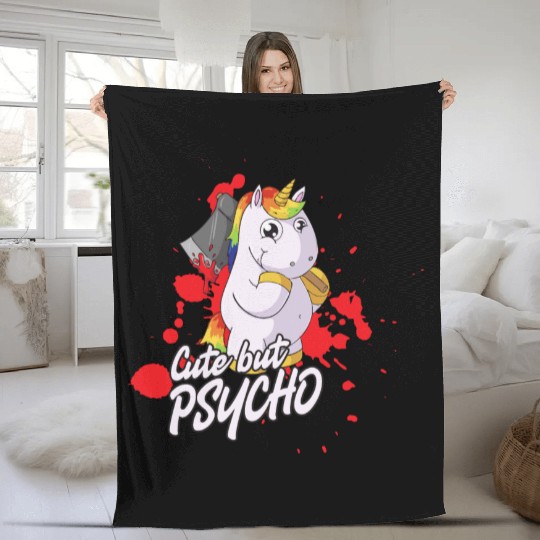 psycho unicorn with bloody axe halloween Fleece Blankets