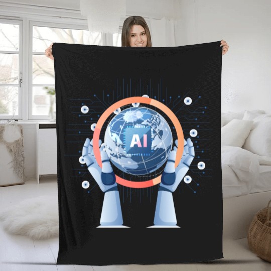 Robot Hand Holding World with Ai Chip Fleece Blankets