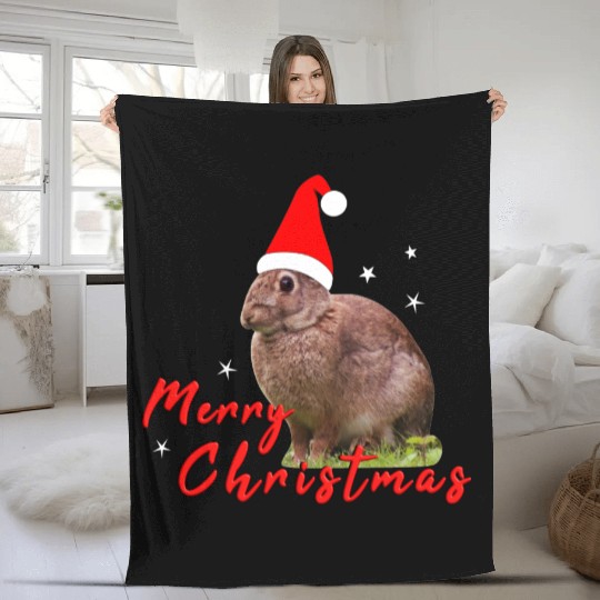 Festive Bunny with Santa Hat Fleece Blankets