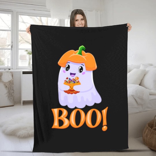 Cute Girl Ghost Boo! with Sweets Pumpkin Halloween Fleece Blankets