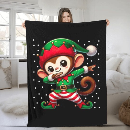 Christmas Monkey Elf Funny Monkey Lover Ape Fleece Blankets