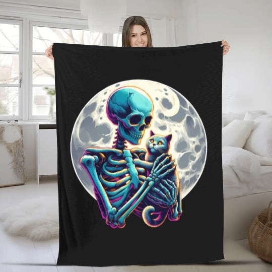 Skeleton Cute Cat Skull Kitty Halloween Fleece Blankets