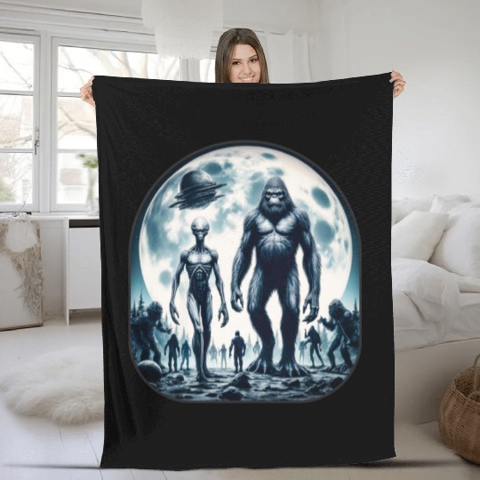 Alien And Bigfoot Sasquatch Moon Fleece Blankets