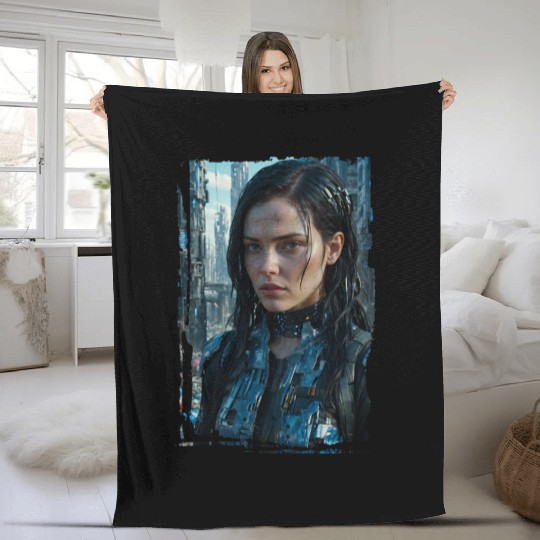 Portrait of a sci-fi cyberpunk girl Fleece Blankets