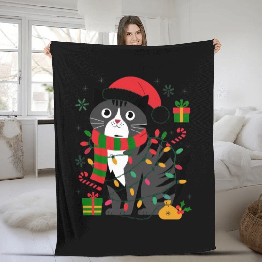 Cute Christmas Cat Design - Festive Lights Fleece Blankets