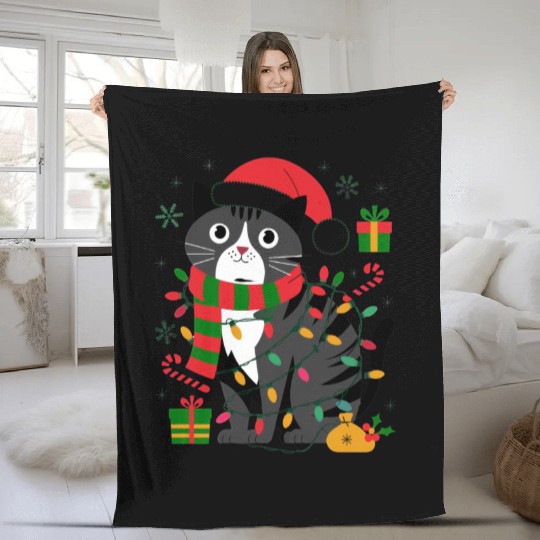 Cute Christmas Cat Design - Festive Lights Fleece Blankets