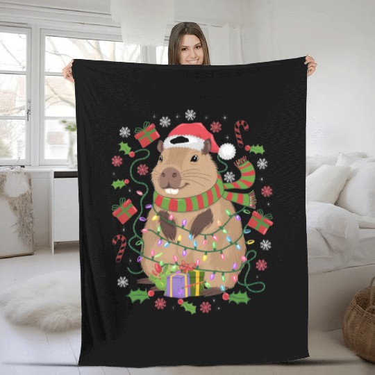 Cute Christmas Capybara - Holiday Lights and Gifts Fleece Blankets