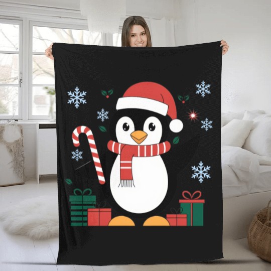 Cute Christmas Penguin - Candy Cane and Gifts Fleece Blankets
