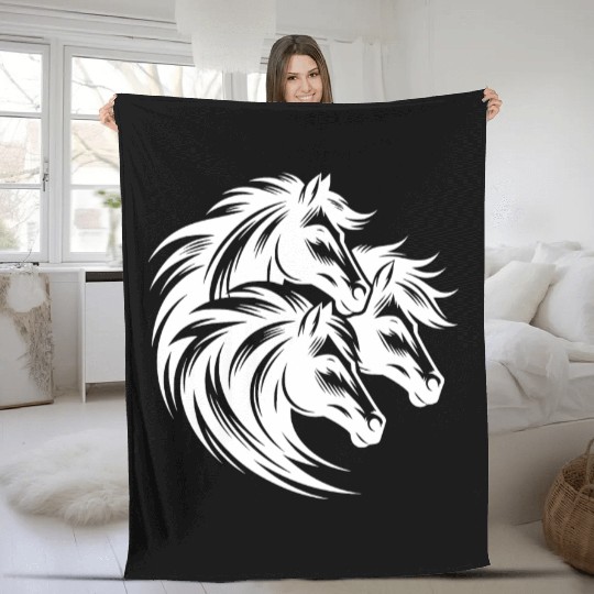Three Horse Heads With Elegant Wild Manes Fleece Blankets