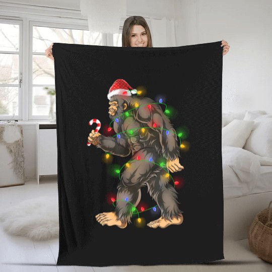 Bigfoot Sasquatch Yeti Candy Cane Christmas Fleece Blankets