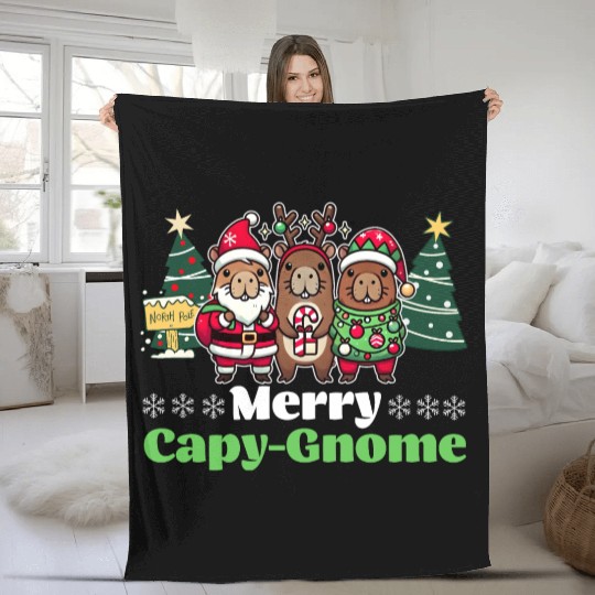 Merry Cap-Gnome Capybara Christmas Fleece Blankets
