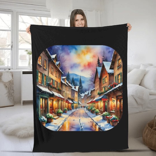 Christmas Night Streets Fleece Blankets