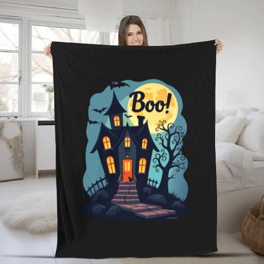 spooky haunted house with a black cat sitting Fleece Blankets