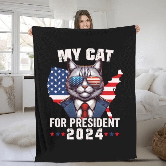 My Cat For President 2024 Patriotic Cat Voting Fleece Blankets