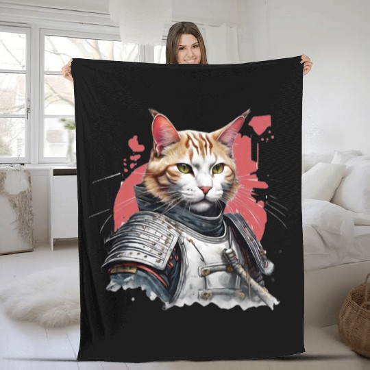 Samurai Cat in Armor Fleece Blankets