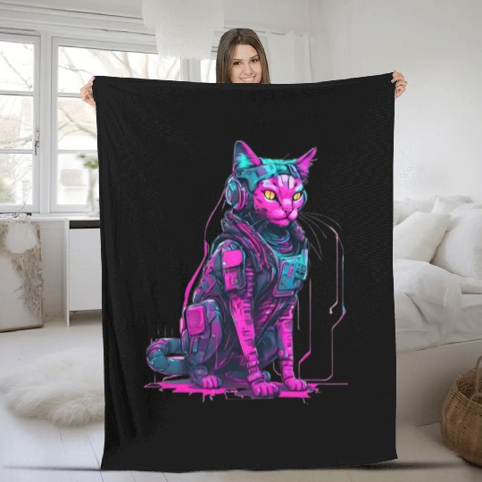 Cyber Warrior Cat Fleece Blankets