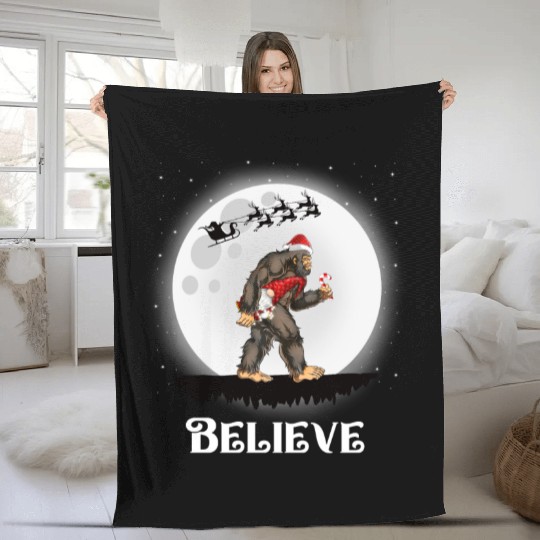 Believe Santa Bigfoot Carrying Gnome Christmas Fleece Blankets