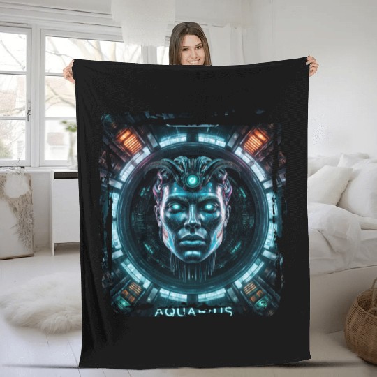 Zodiac sign Aquarius in cyberpunk era Future Fleece Blankets