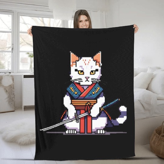 Pixel Samurai Cat Warrior Fleece Blankets