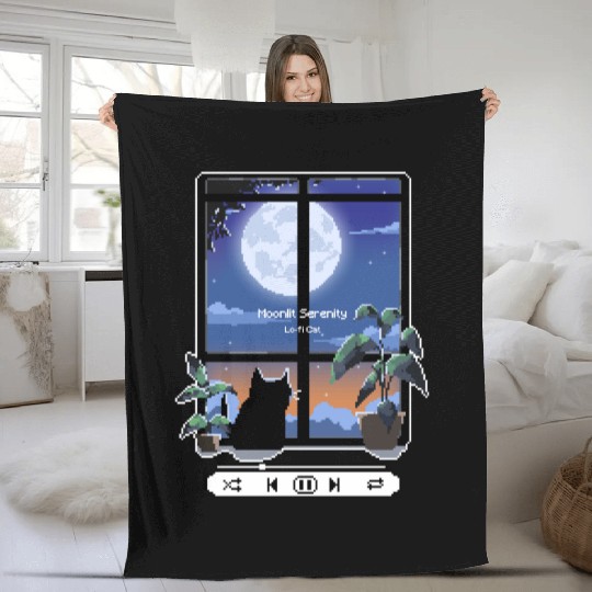 Pixel Lofi Black Cat Moonlit Serenity Fleece Blankets