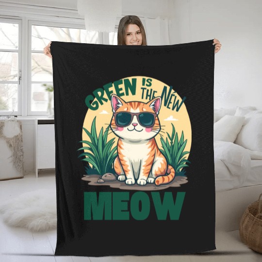 Cool Cat with Sunglasses Green Is the New Meow Fleece Blankets