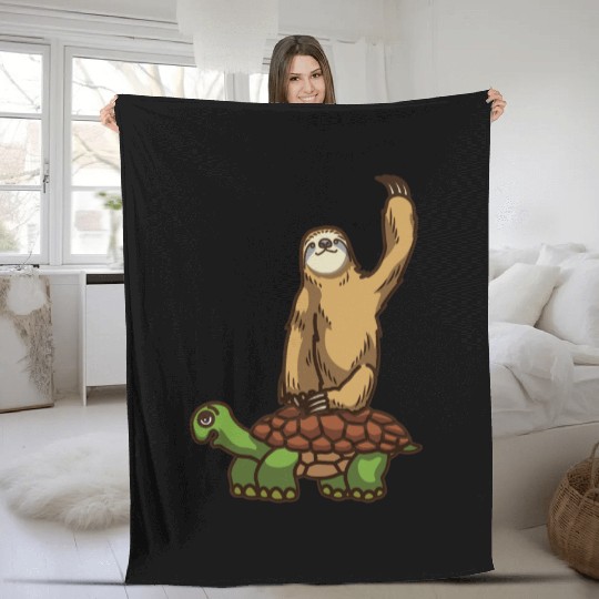Slothy Napping Sloth Riding Turtle Chilling Sloth Fleece Blankets